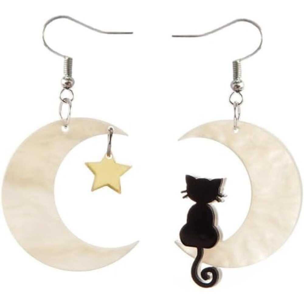 Women's Beige Acrylic Moon Star Cat Spooky Skull Skeleton Halloween Earrings